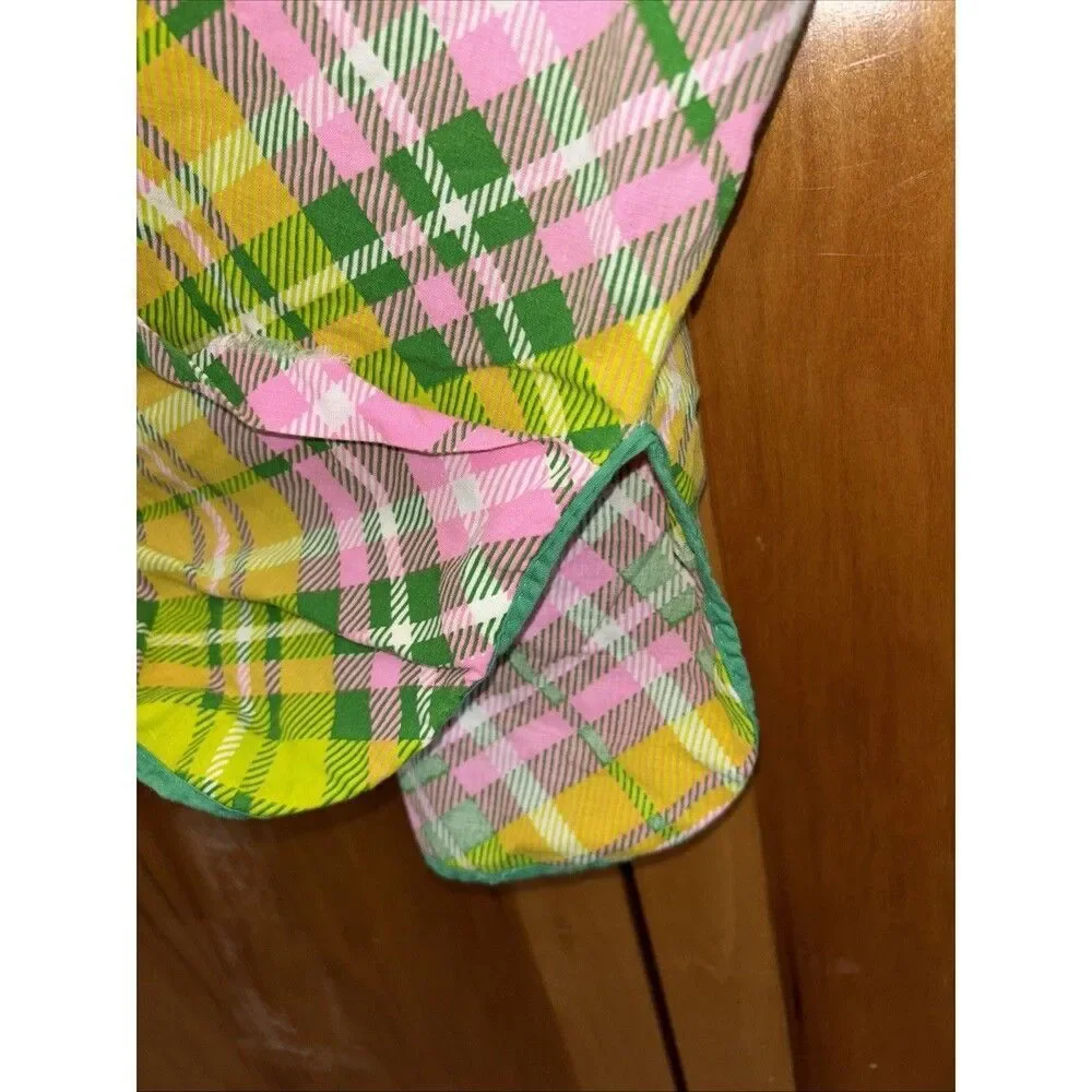 Vintage Apron Shirt 60's 70's Plaid Print Smock Top Snap Front Pockets S 20x28” - Picture 6 of 7